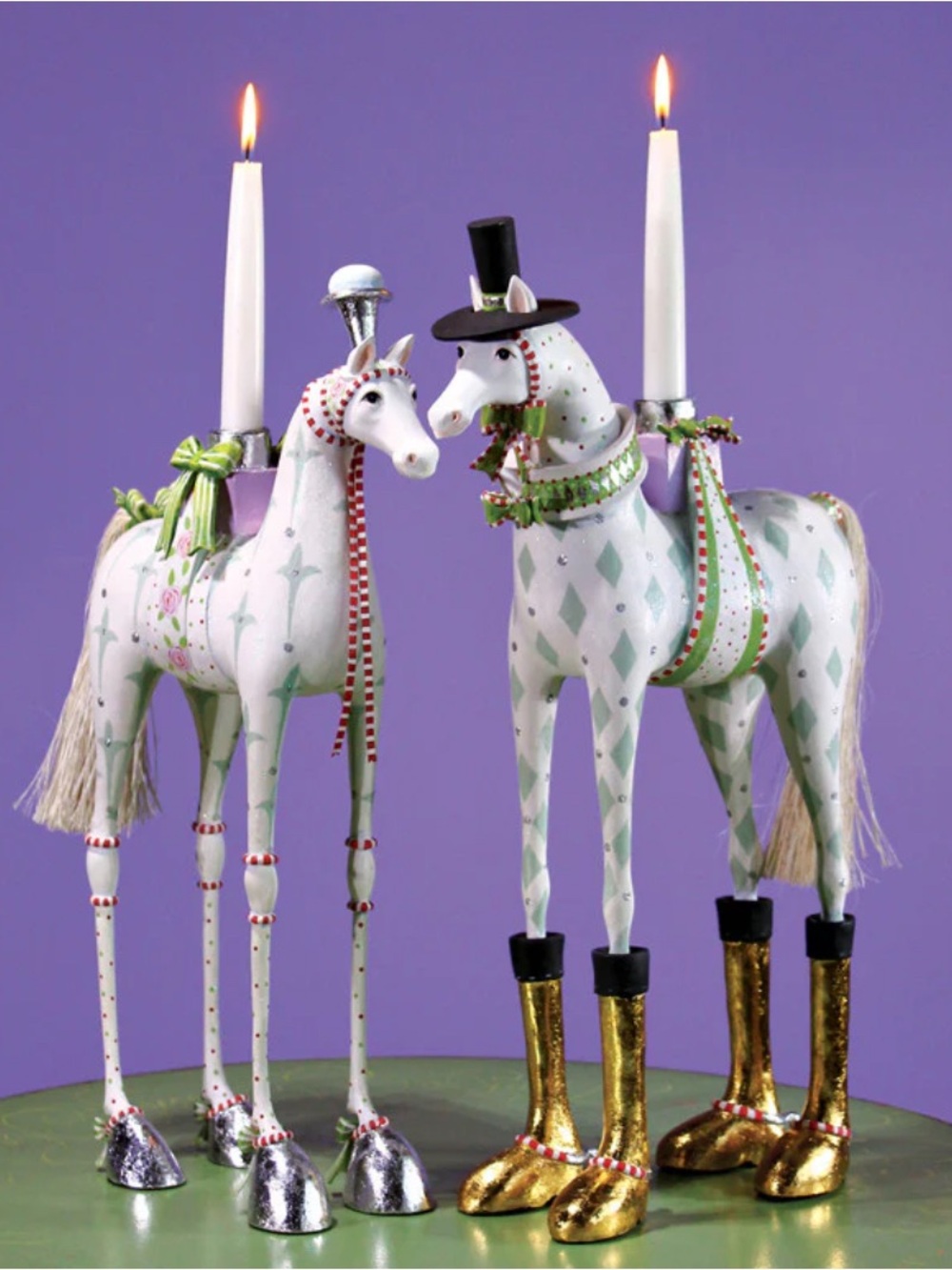 Whimsical White & Green Horse Candle Holders – Decorative Pair